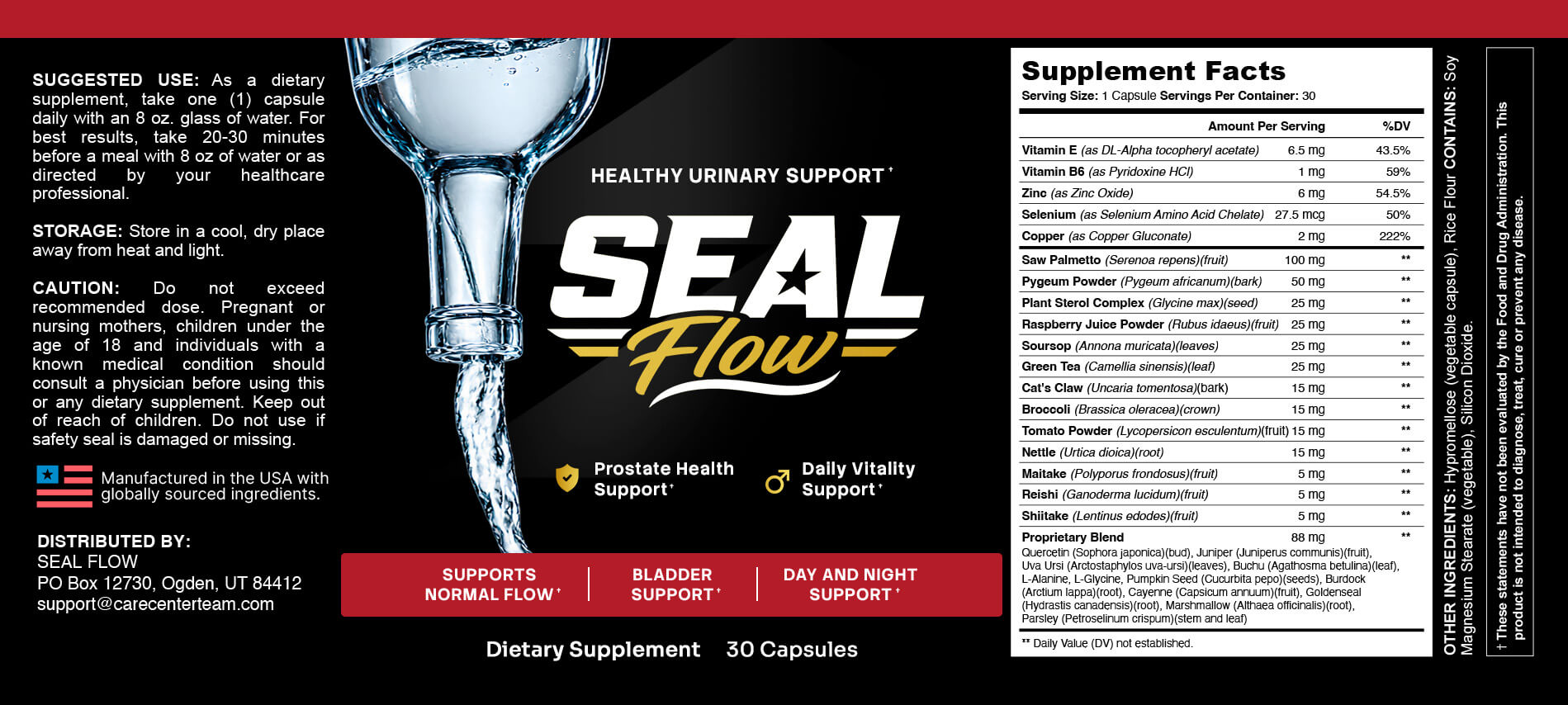 SealFlow label showing suggested use, storage, caution and the Supplement Facts panel